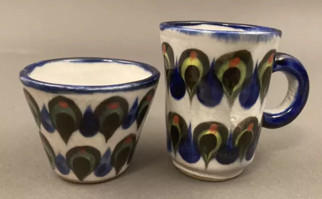 Ken Edwards Palopo Guatemala Small Pottery Cups Mugs Peacock Pattern