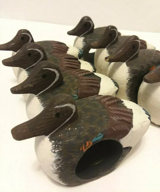 Vgn Set of 8 Wooden Hand Carved Hand Painted Mallard Duck Napkin Ring Holders  2