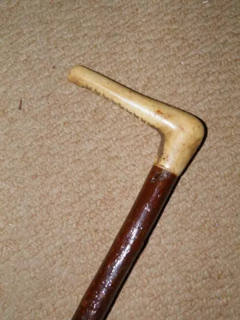 Antique Rustic Treen Walking Stick/Cane With Antler Fritz Handle - 95cm