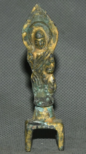 8CM Antique Old Chinese Bronze Gilt Stand Guanyin Kwan-Yin Goddess Buddha Statue