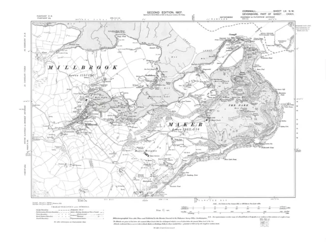 Maker, Millbrook, Mount Edgcumbe, Cremyll, old map Cornwall 1907: 55NW