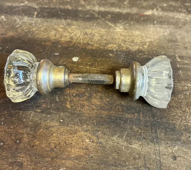 Antique Lot Of 2 (1 Set) Crystal Glass & Chrome Bathroom Door Knobs + Spindle