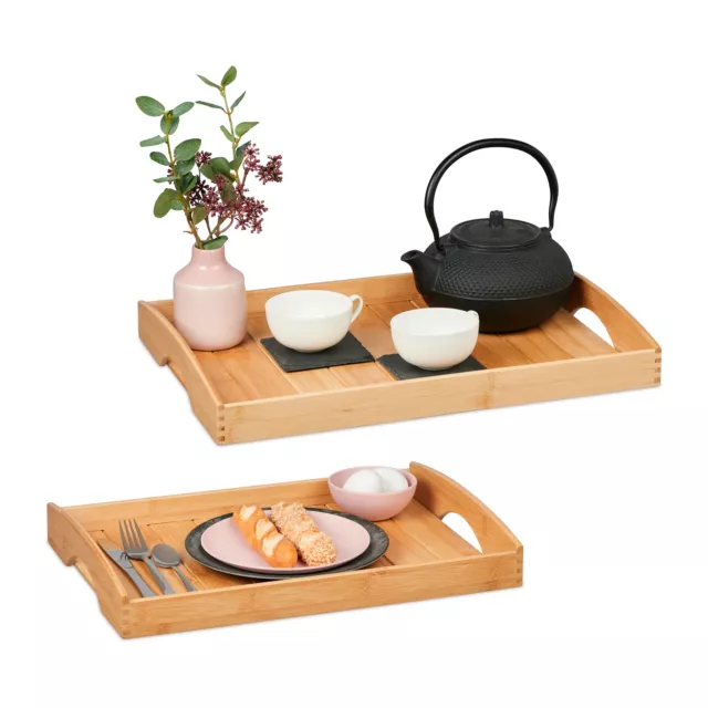 Set de 2 Bandejas madera Bandeja bebidas Fuente servir desayuno Bandeja bambú