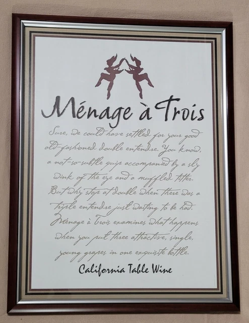 Menage A Trois California Wine Beautiful Framed 26X20" Label Print AD NEW TC