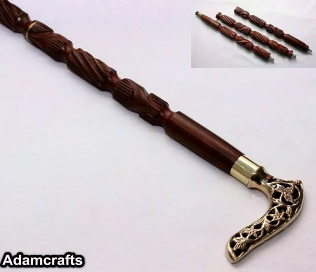 Wood Brown Walking Stick Brass Beautiful Leaf HEAD Handle Classic Gift