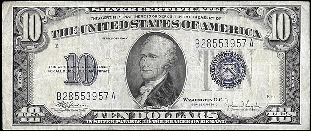 US Currency 1934 C $10 Ten Dollar Silver Certificate Blue Seal FR 1704 VF or Bet
