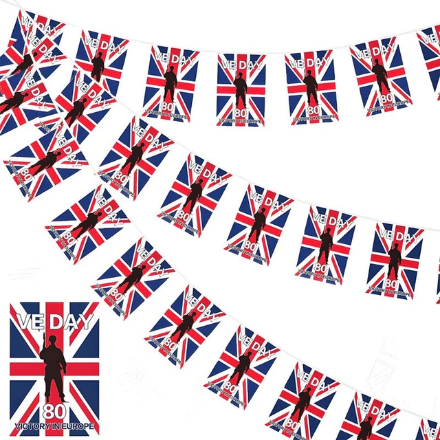 thumbnail image 2 of VE Day 80 Years Celebration Union Jack Bunting - WWII Victory In Europe, Handmade Cardboard Banner, Multicoloured 2 of 5
