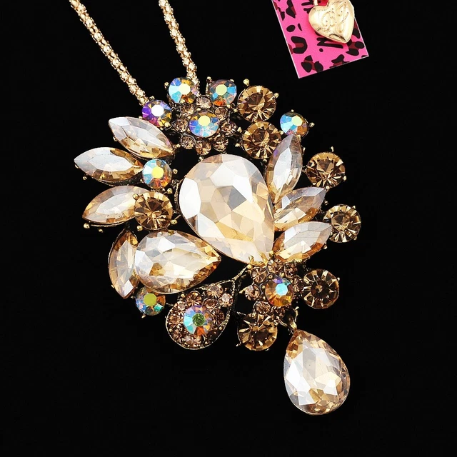 Betsey Johnson Jewelry Crystal Rhinestone Big Flower Pendant Chain Necklace Gift