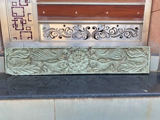 Ancient Wooden Hand Carved Lion Fish Peacock Figure Green Wall Panel Door Panel