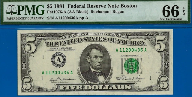 Near TOP POP - 1981 $5 FRN (( 2nd Finest - AA Block )) PMG 66EPQ # A11200436A-