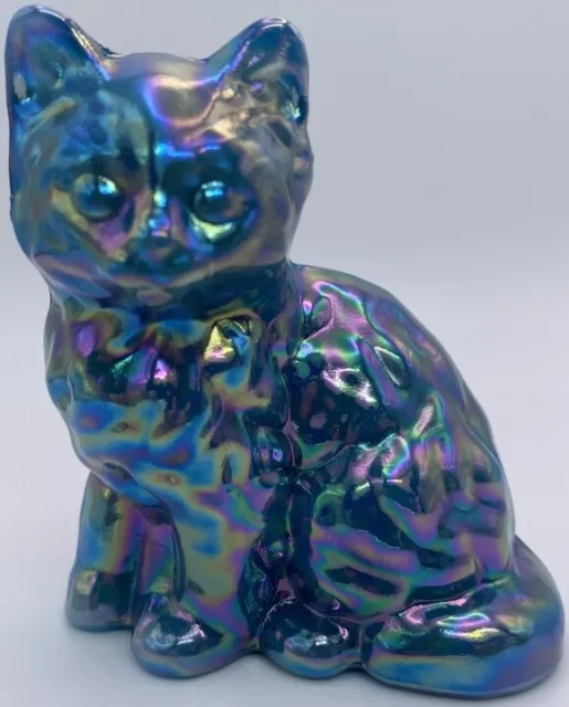 Mosser Glass Georgia Blue Carnival Fluffy Cat Figurine Made USA Kitten FreeShip!