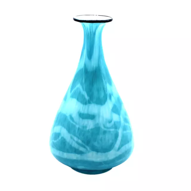 Hand Blown Cased Light Blue and White Art Glass Vase 12" Tall Abstract Waves 2