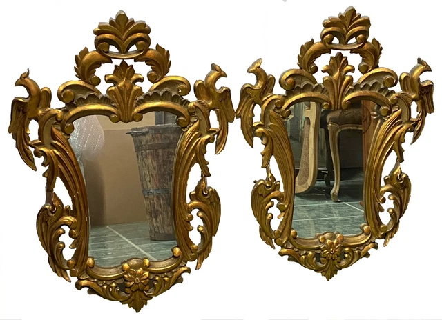 Antigua pareja de cornucopias, espejos de madera dorados al oro fino. XIX.82x60