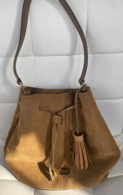 Lauren Ralph Lauren RLL Brown Suede w Leather & Tassel Bucket Drawstring Bag