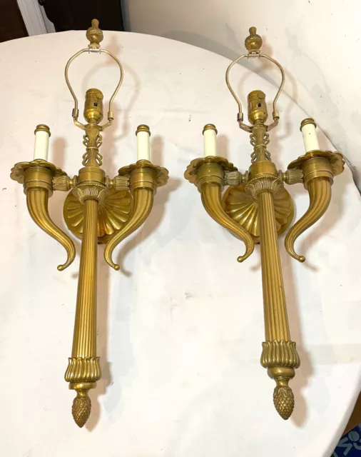 LARGE pair modern ornate Empire style heavy brass electric wall sconce fixtures 2