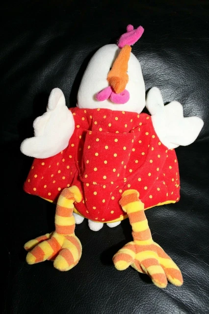 Doudou marionnette poule blanche robe rouge a pois LILLIPUTIENS grelot 27 cm