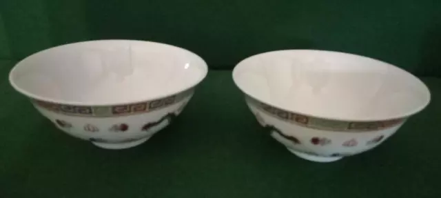 Pair of vintage green Chinese porcelain soup/rice bowls with dragon pattern