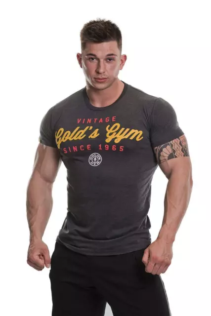 Golds Gym Printed Vintage Style T-Shirt Charcoal Marlin Baumwolle Bodybuilding