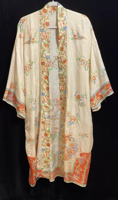 Antique Pongee Silk Kimono Robe Natural Ecru Tissue Paper Silk Floral 1920’s