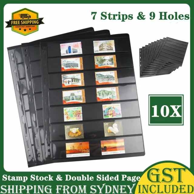 10 Sheet of Stamp Stock Black & Double Sided Page (7 Strips) & 9 Binder Holes AU