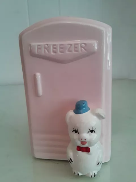 Vtg Pink & White Ceramic Piggy Bank Pink Freezer w White Pig w Bow Tie & Top Hat