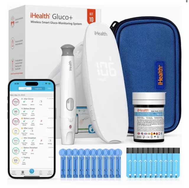 Gluco+ Wireless Smart Blood Glucose Monitor Kit, 10 Glucometer Strips & Lancets