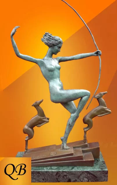 Bronze Figurine Art Deco Sculpture Statue Diana With Fawn Hot Cast Nude Figure