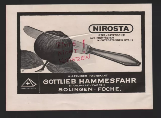 SOLINGEN-FOCHE, Werbung 1925, Gottlieb Hammesfahr Stahlwaren-Fabrik NIROSTA