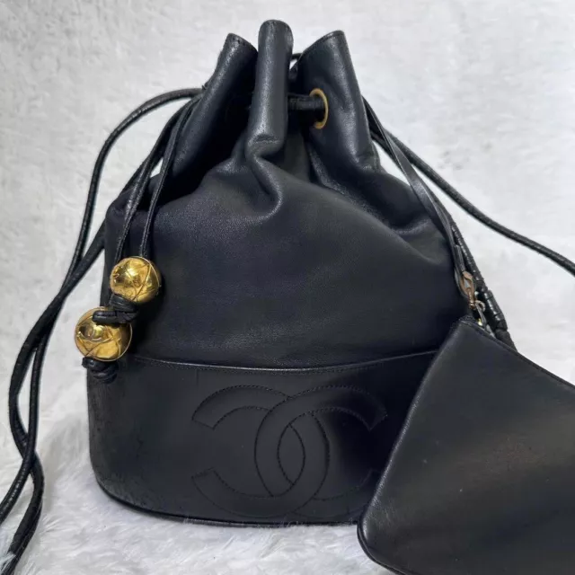 CHANEL COCO MARK Leather Drawstring Crossbody Bag Women Black With ...