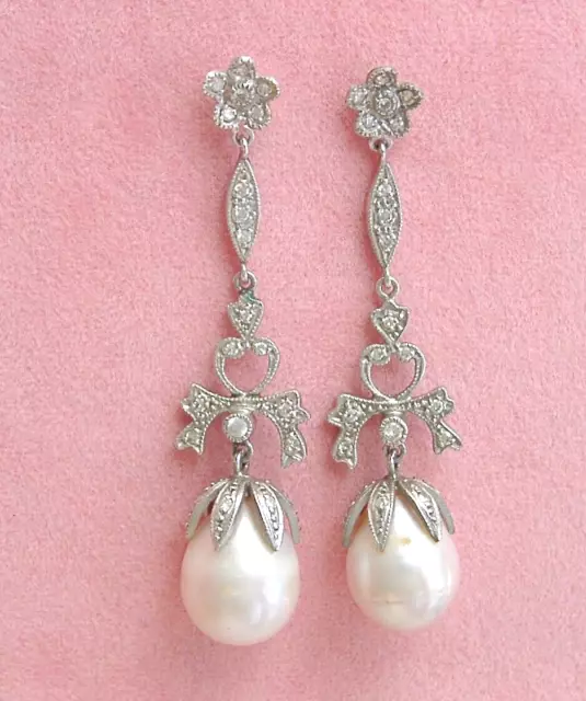 ESTATE EDWARDIAN .44ctw DIAMOND 10mm BAROQUE PEARL STUD DANGLE COCKTAIL EARRINGS