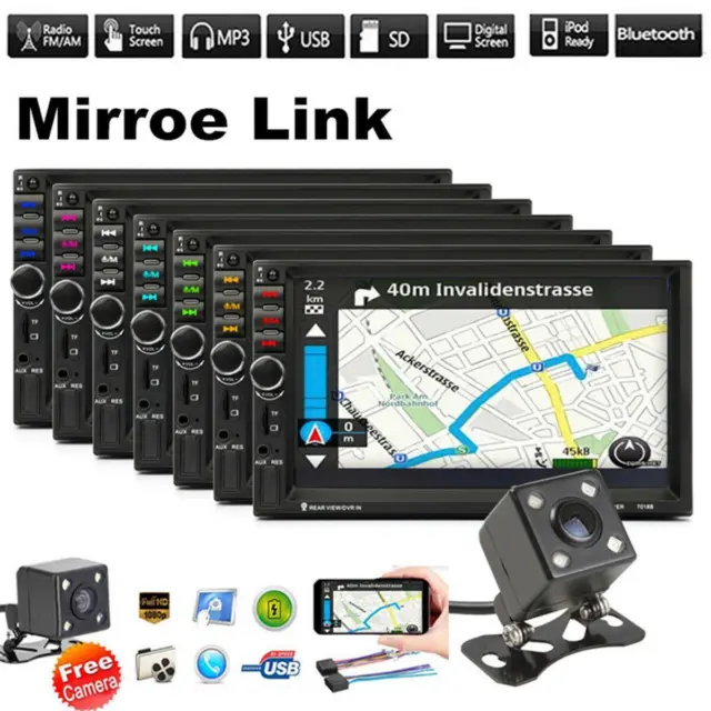 2Din 7in Car Mirror Link W/Reverse Camera Radio Audio MP5 Player BT Aux-In USB
