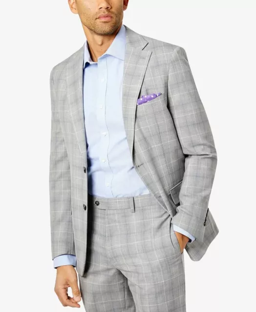 TALLIA Men's Slim-Fit Wool Suit Jacket Light Grey / Blue Plaid 44S 2 Button