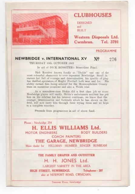 Oct 63 NEWBRIDGE v INTERNATIONAL XV Dick Rossiter Benevolent Fund