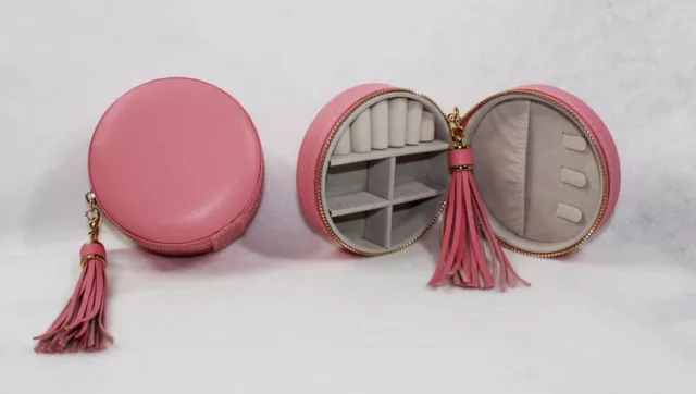 Mini Travel Earring Storage Box Round, Pink, Zippered 4" X 2, With Tassel