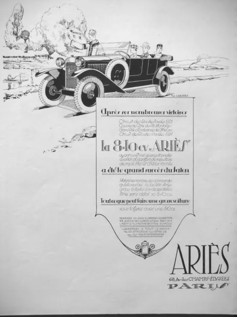PUBLICITÉ DE PRESSE 1925 LA 8-10 Cv ARIÈS GRAND PRIX D'ENDURANCE DES 24 H