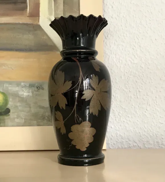 Antik Biedermeier Schwarzglas Vase Glasvase Serviettenrand Pokalvase Abriss