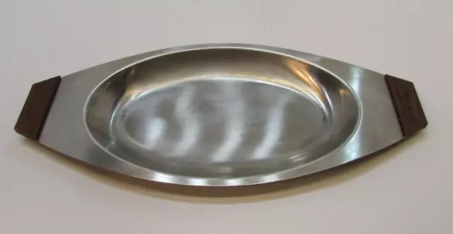 Vintage 1970's 18-8 Stainless Steel 12" Oblong Oval Serving Tray w Wood Handles