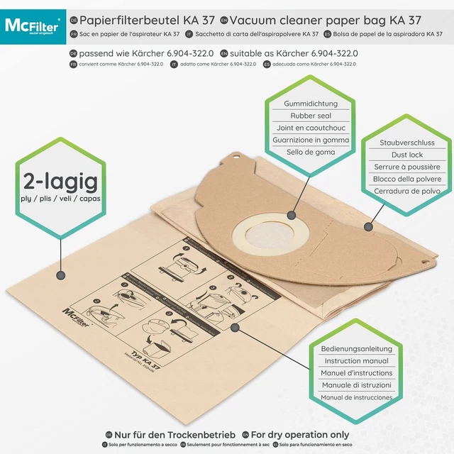 Lot De 20 Sacs D'Aspirateur Compatibles Avec Aspirateurs Kärcher WD2, MV2 3