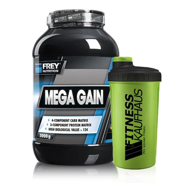 (12,97 EUR/kg) Frey Nutrition Mega Gain 3000g Gainer + Shaker Geschmack wählbar