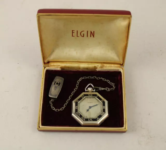 Antique Elgin 14k White GF Octagon Pocket Watch Hickok Sterling Silver Chain Box