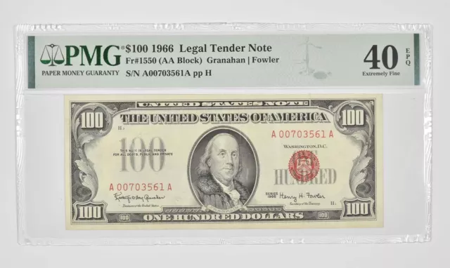 $100 1966 US Legal Tender Note Red Seal PMG 40 EPQ Fr# 1550 (AA Block) *0975