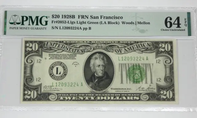 Series 1928-B Light Green Seal $20 FRN L District SF PMG 64 Ch Unc EPQ Fr#2052-L 3