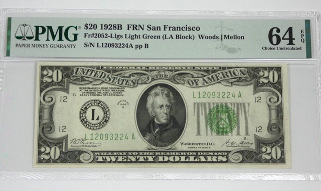 Series 1928-B Light Green Seal $20 FRN L District SF PMG 64 Ch Unc EPQ Fr#2052-L 3