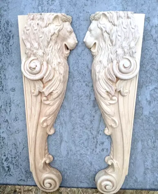 "Placas de madera estante de león par tallado chimenea envolvente gabinete mecha 18" "Placas de madera estante de león par tallado chimenea envolvente gabinete mecha 18"