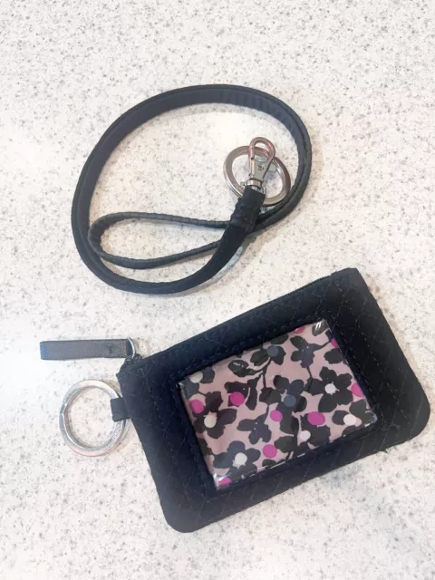 Vera Bradley Classic Black Microfiber set Zip ID Case Lanyard quilted preowned