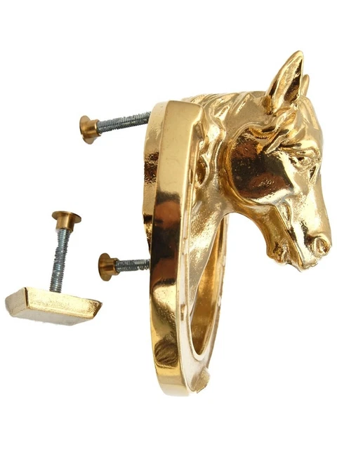 Heurtoir de porte / Marteau d'entrée en laiton poli - Buste de cheval et fer 3