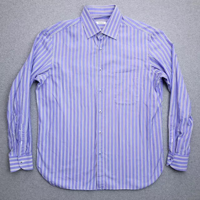 Isaia Napoli Dress Shirt 16.5 35 Blue Stripe Long Sleeve Size 41 Mens