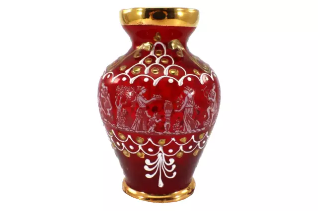 Italian Red Glass VASE Hand Painted White Gold Accents Small Grecian