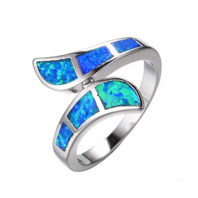 WOMEN'S FASHION SILVER Blue Simulated Opal Ring Valentine's Gift Size 6 ...