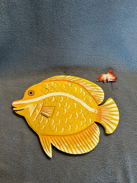 Vintage Wooden tropical fish wall decor 1980s Yellow hand painted + goldfish